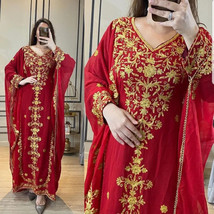 Red Georgette Dubai Party Moroccan Wedding Ramzan Kaftan LongDress Faras... - $69.00