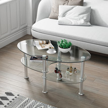 Tempered Glass Coffee Table 3-Tier Oval Modern Center Table w/ Open Shelf Clear - £106.83 GBP