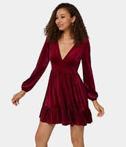 Halara Everyday Deep V Neck Ruffled Hem Velvet Mini Chill Dress Sangria Red S - £23.08 GBP