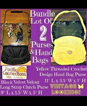 +✔Bundle Lot  2 Purses Hand Bags  Yellow Cotton Crochet / Black Velour Velvet - £9.75 GBP