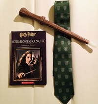 Harry Potter: Slytherin Necktie Green Crest + Hermione Guide Book + Plastic Wand - £18.65 GBP