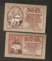 AUSTRIA WORGL in TIROL 30 &amp; 20 heller 1920 1 auflage Notgeld 2psc banknotes - £6.16 GBP