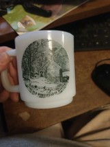 Vintage Glasbake Mug Currier And Ives “The Old Homestead In Winter “ Milk Glass - £7.01 GBP