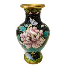 Chinese Antique Cloisonné Black Pink Peony Floral Butterfly Enamel Brass Vase - £31.34 GBP