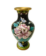Chinese Antique Cloisonné Black Pink Peony Floral Butterfly Enamel Brass... - £31.41 GBP
