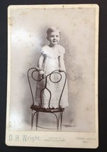 Antique Cabinet Card Toddler Girl in Dress Standing on Metal Chair D.H. Wright - £14.15 GBP