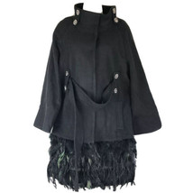 TOV LOS ANGELES PEACOCK &amp; OSTRICH TRIM Feathered Wool Blend Coat BLACK - $143.54