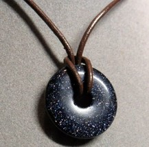 Sterling 925 Silver Blue Goldstone Fairy Dust Donut Leather Pendant 16&quot; Necklace - £28.83 GBP