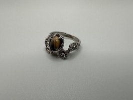 Antique 18k White Gold Plated ESPO Tigers Eye Ring Size 6.25 - £23.48 GBP