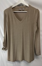 Chico’s Travelers Knit Top Roll Tab Sleeve Camel Color V Neck 1 M 8/10 - £18.83 GBP