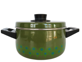 Vtg avocado green enamel over metal lidded sauce pot w/ blue &amp; green pat... - $39.99
