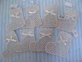 NOS Vintage Set of 8 Crocheted Christmas Ornaments Stockings Bow Ivory Crochet - £12.54 GBP