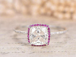 1.25Ct Cushion Cut Pink Saphire Engagement Halo Ring in 14K White Gold Over - £62.02 GBP