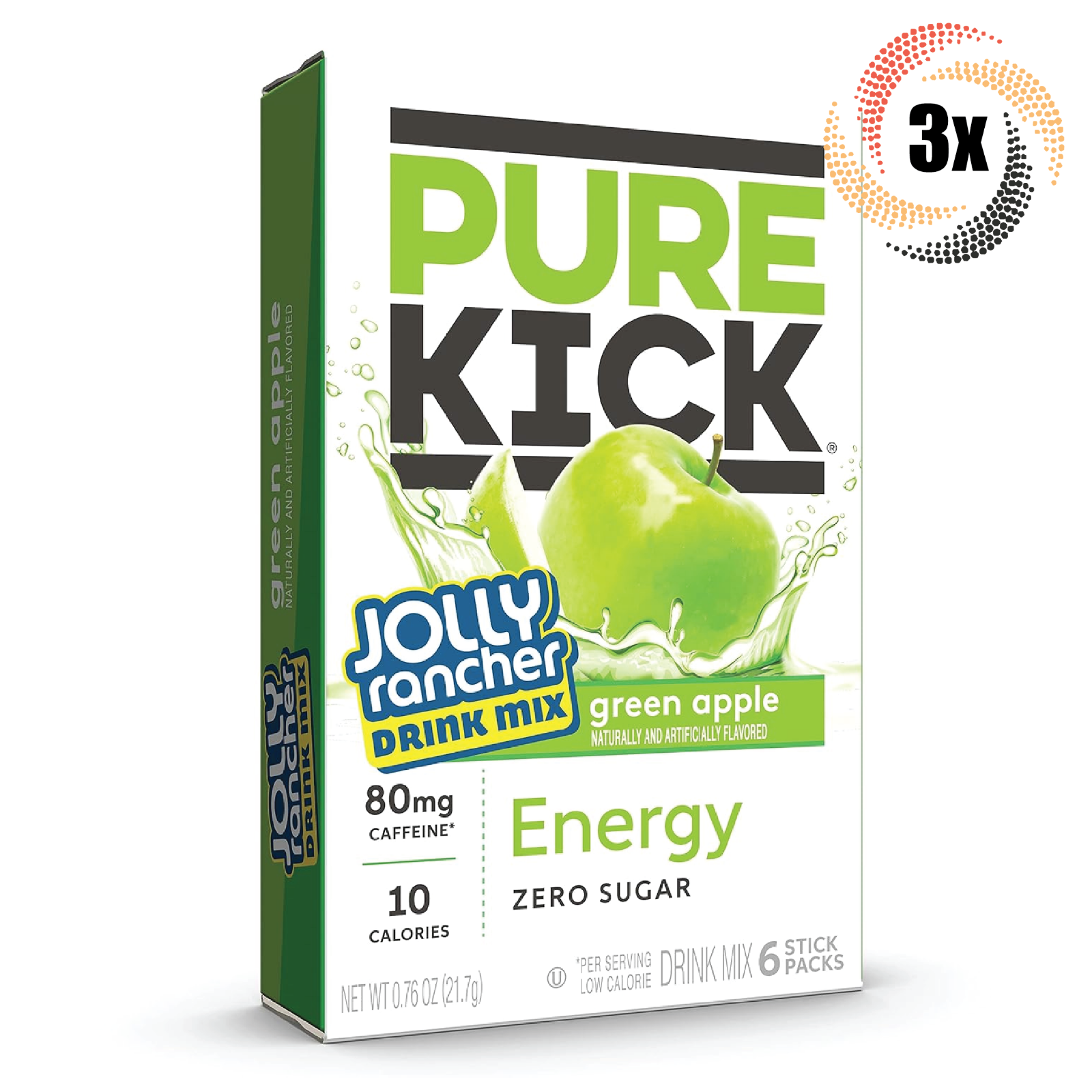 3x Packs Pure Kick Jolly Rancher Green Apple Drink Mix | 6 Stick Each | .76oz - $11.44
