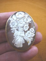 C-1355) Daisy flower bouquet shell carved oval CAMEO sterling silver pin... - £269.62 GBP