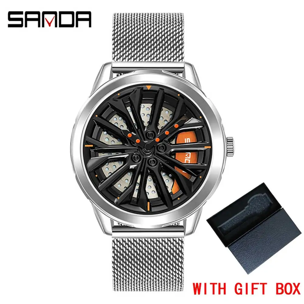 SANDA Hot Sell Stainless Steel Men Watch Prem Movement Car  Wheel Shaped Rotatin - £49.60 GBP