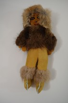 Inuit Eskimo Woman Leather Beaded Face Fur Clothing Vintage Canada Handmade 9&quot; - £30.48 GBP