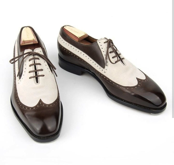 NEW  Handmade Brown White Men's Leather Shoes, Men's Lace Up Wing Tip Oxford Sho