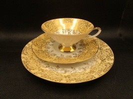 Eberthal Germany golden flowers cup saucer and cake plate 3 pcs [95f] - £42.57 GBP