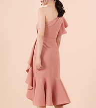 Blush Pink One Shoulder Midi Dress Blush Wedding Bridesmaid Chiffon Dress A Line image 3