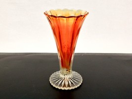 Vintage Marigold Carnival Glass Bud Vase, Ribbed Trumpet Shape, Clear Fo... - $24.45