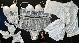Victoria&#39;s Secret 34C Bombshell Bra Set+Garter+Teddy+Robe White Lace Shine Strap - £315.80 GBP