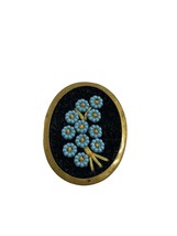 Vintage Embroidered Beaded Brooch Brass Casing Oval 1.75&quot; X 1.25&quot; Blue Flowers - £27.45 GBP