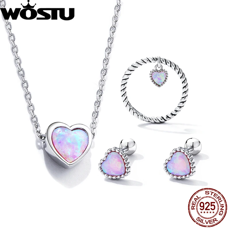 Classical Heart Jewelry Set 925 Sterling Sliver Lovely Pink Opal Neckalce Earrin - £41.94 GBP
