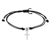 Sleek Mini Cross Sterling Silver Charm Black Cotton Rope Adjustable Bracelet - £10.91 GBP