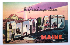 Greetings From Portland Maine Large Big Letter Postcard Linen Lighthouse Unused - £16.44 GBP