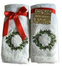 Christmas Wreath Fingertip Towels Rhinestone Embroidered  Holiday Set of 2 White - £23.10 GBP