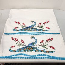 Vtg Hand Embroidered Pillow Case Pr Blue Peacocks Crocheted Edge Trimming 28X20 - £12.28 GBP