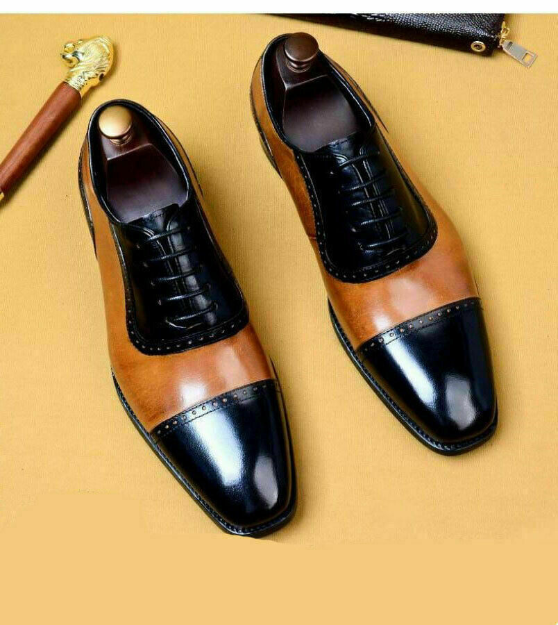 Two Tone Shoes Shiny Tan Black Contrast Derby Cap Toe Premium Quality Leather