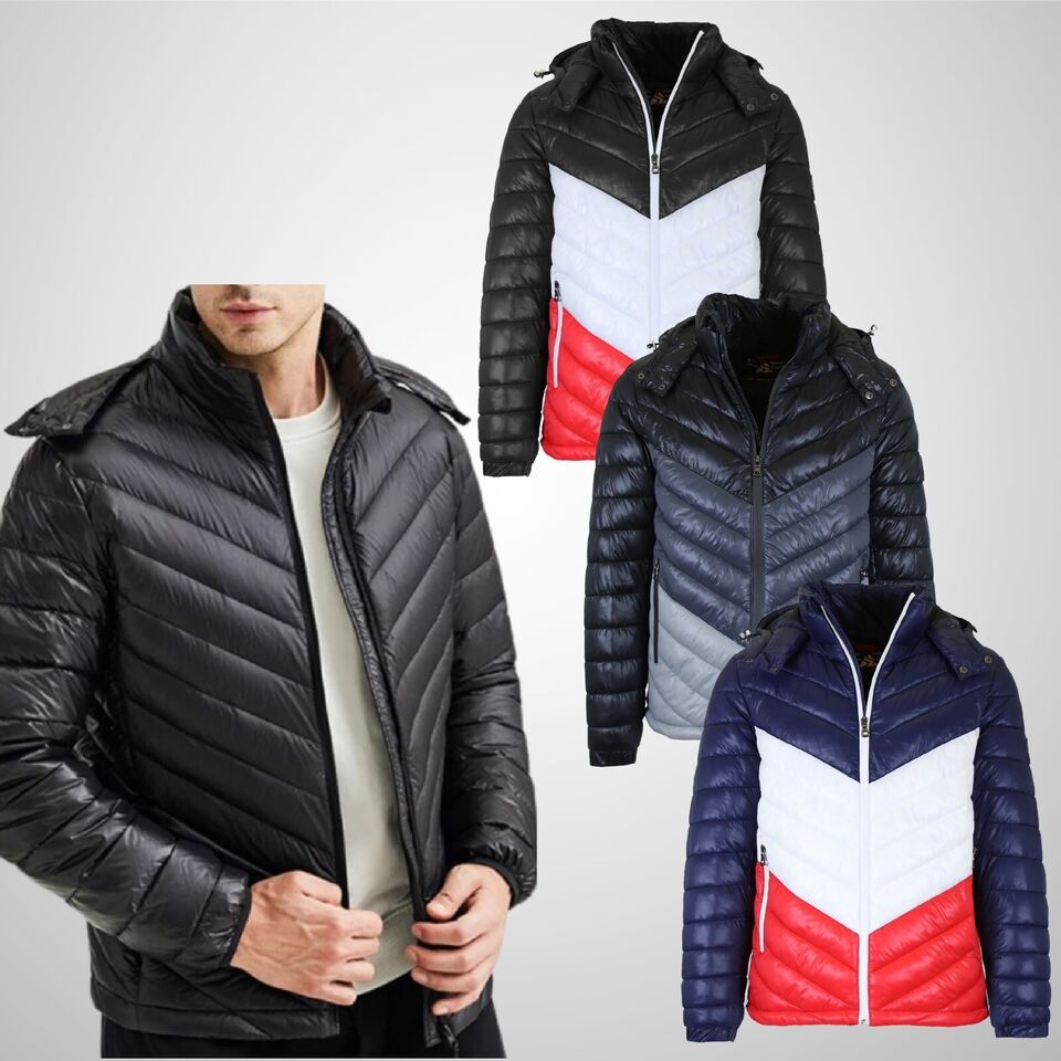 Mens Heavyweight Quilted Shell Hooded Puffer Jacket Water Proof Zipper Color NEW