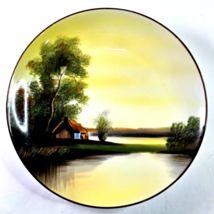 Vintage Noritake Hand Painted Tree Lake Scene Luncheon Plate Yellow Décor 7.5&quot; - £17.84 GBP