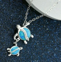 Mother &amp; Child Tortoise Blue Created Opal Pendant 925 Sterling Silver Necklace - £92.14 GBP