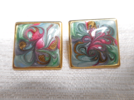 80s 90s Large Square Gold Pink Purple Green Marbled Swirl Enamel Earring... - £11.98 GBP