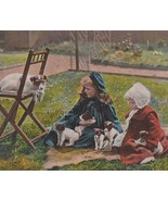 BARGAIN Girls Playing W/ Terrier Puppies As Mama Dog WatchesVintage Post... - $4.75