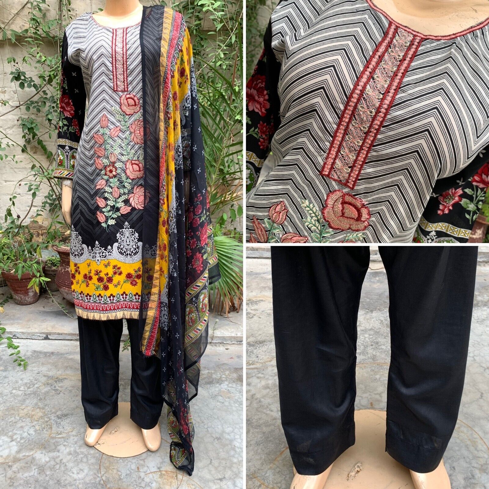 Pakistani Black Printed Straight Shirt 3-PCS Lawn Suit w/ Threadwork ,XL - $50.64
