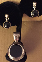 Vintage 1970s Silver Black Onyx Round Pendant and Post Back Pierced Ear Earrings - £53.65 GBP