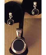 Vintage 1970s Silver Black Onyx Round Pendant and Post Back Pierced Ear ... - £53.52 GBP