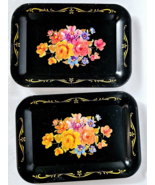 Vintage Small Metal Trinket Tray Floral Print Black 6.5&quot; x 4.5&quot; Set of 2 - $12.99