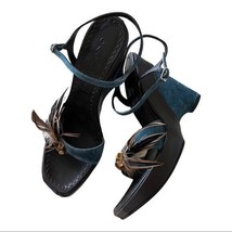 Casadei Vintage Blue Brown Wedge Platform Sandals With feather Details S... - $147.51