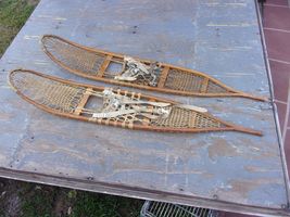 VINTAGE 1943 58" WOODEN SNOWSHOES MADE BY A F H Co. WALLINGFORD, VT/bind... - $173.25