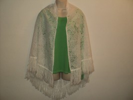 VINTAGE Shawl Wrap White Floral Lace with 5&quot; Fringe Triangular Shape - £15.88 GBP