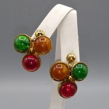 Vintage Clover Cabs Dangle Earrings, Green, Red and Amber Lucite on Gold Tone - £19.71 GBP