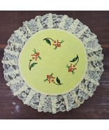 Vintage Handmade Dresser Doily 13 Inch Round Yellow w/ Red Flowers - €12,15 EUR