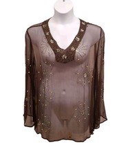 Silkland Tunic Womens 1x Brown Silk Flare Sleeve  Embellished Cover Up  - $23.76