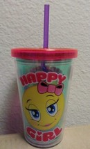 &quot;HAPPY GIRL&quot; 10 OZ KIDS TUMBLER CUP W/ STRAW BPA FREE - HAPPY EMOJI DESIGN - £6.43 GBP