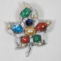Vintage Sarah Coventry Leaf Brooch Pin Multicolor w/ Silver Tone 2.5 Inch - $7.00